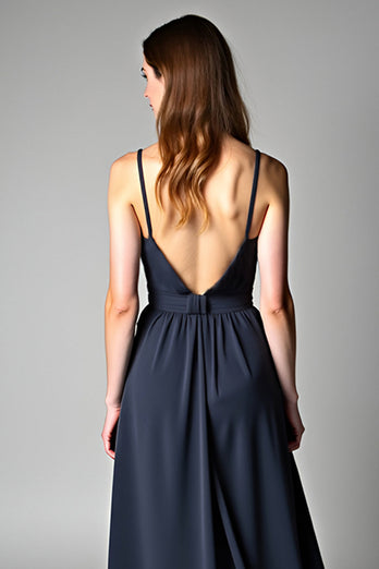 Navy Spagehtti Straps A Line Long Chiffon Bridesmaid Dress