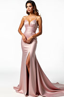 Load image into Gallery viewer, Dusty Rose Mermaid Long Satin Prom Dress with Slit