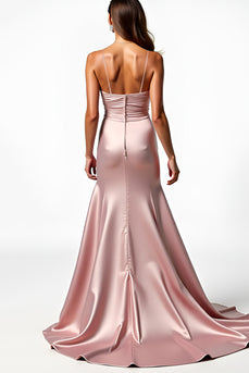 Dusty Rose Mermaid Long Satin Prom Dress with Slit