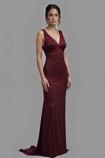 Cabernet V-Neck Sheath Long Satin Formal Dress