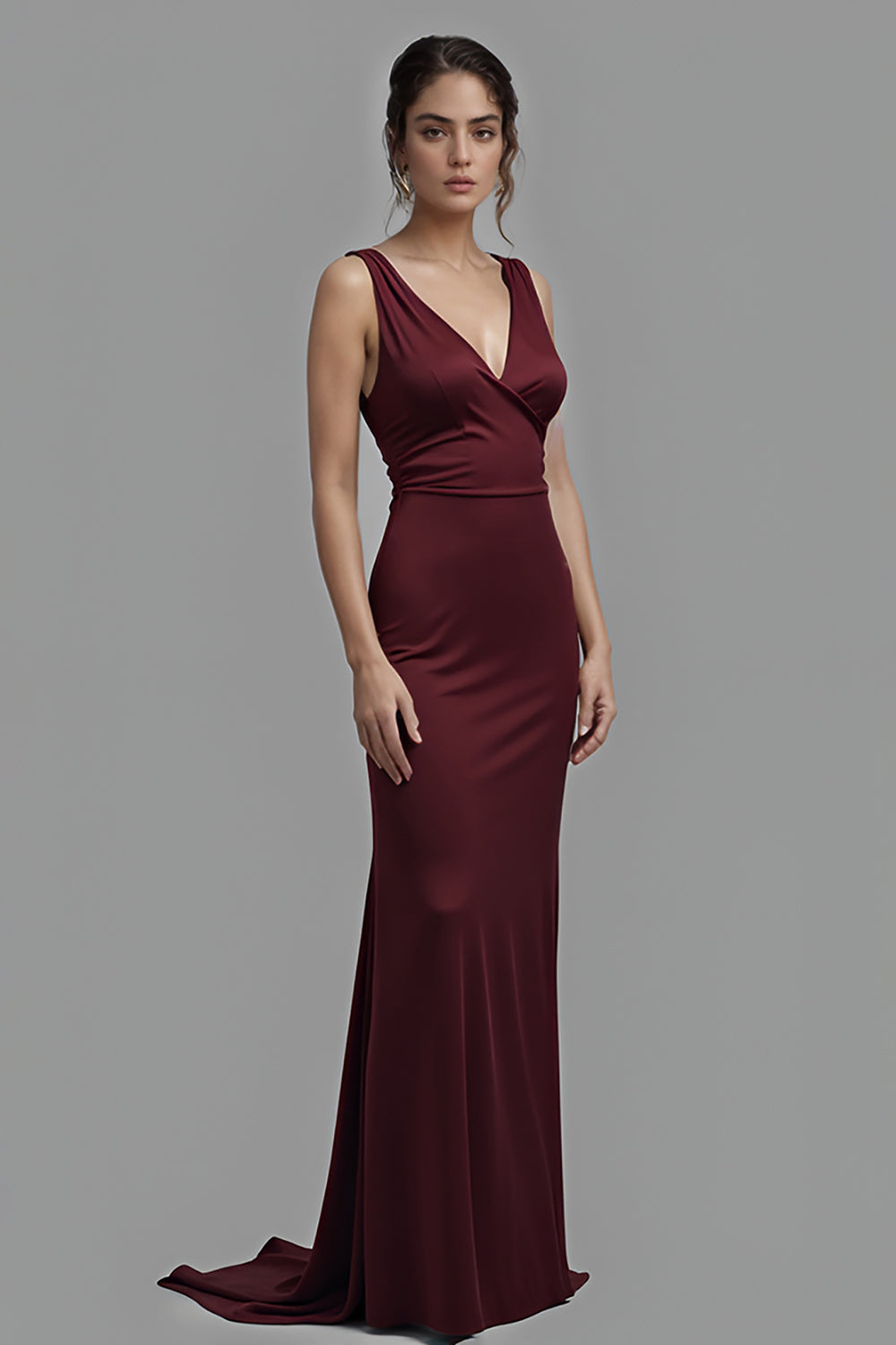 Cabernet V-Neck Sheath Long Satin Formal Dress