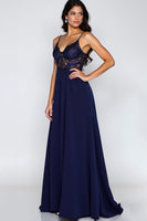 Load image into Gallery viewer, Lace Navy A Line Long Formal Dress with Slit