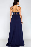 Load image into Gallery viewer, Lace Navy A Line Long Formal Dress with Slit