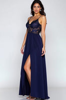 Load image into Gallery viewer, Lace Navy A Line Long Formal Dress with Slit