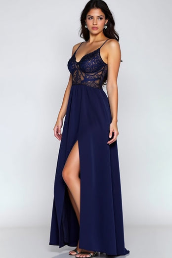 Lace Navy A Line Long Formal Dress with Slit