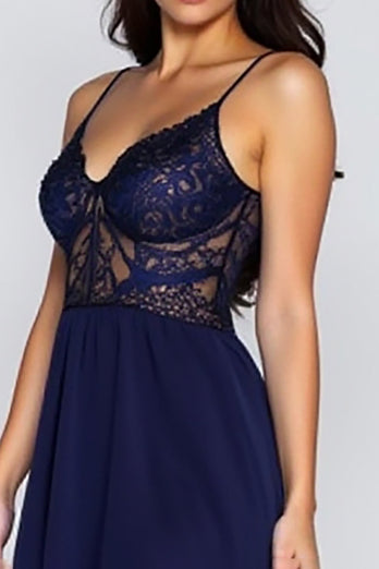 Lace Navy A Line Long Formal Dress with Slit
