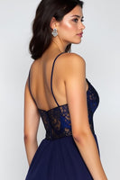 Load image into Gallery viewer, Lace Navy A Line Long Formal Dress with Slit