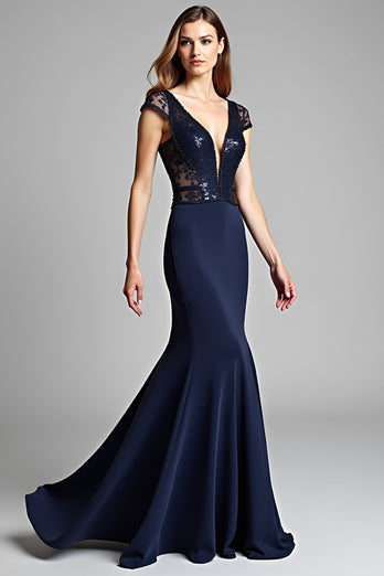 Satin Navy Deep V-Neck Long Formal Dress with Cap Sleeves