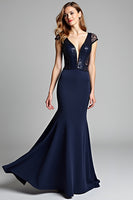 Load image into Gallery viewer, Satin Navy Deep V-Neck Long Formal Dress with Cap Sleeves