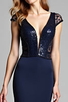 Load image into Gallery viewer, Satin Navy Deep V-Neck Long Formal Dress with Cap Sleeves
