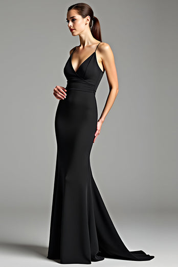 Black Spaghetti Straps Backless Long Satin Engagement Dress