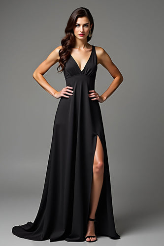 Black A Line V-Neck Long Satin Engagement Dress