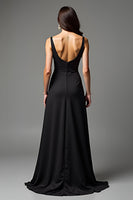 Load image into Gallery viewer, Black A Line V-Neck Long Satin Engagement Dress