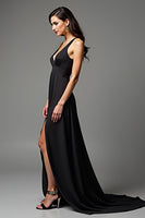 Load image into Gallery viewer, Black A Line V-Neck Long Satin Engagement Dress