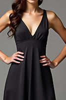 Load image into Gallery viewer, Black A Line V-Neck Long Satin Engagement Dress