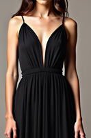 Load image into Gallery viewer, Black Pleated Deep V-Neck Long Tulle Graduation Dress