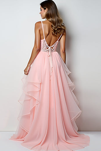 Blush Pink Tulle Tiered Appliques Long Prom Dress with Slit