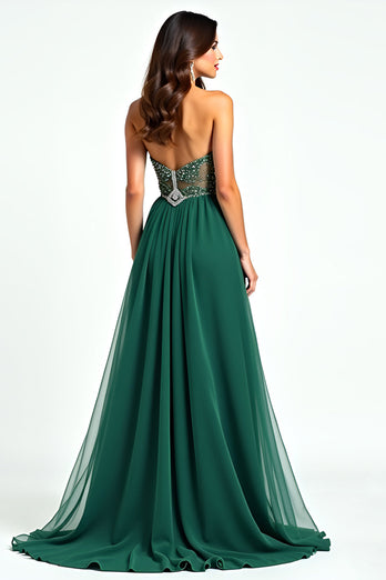 Dark Green Beaded Strapless Tulle Long Prom Dress with Slit