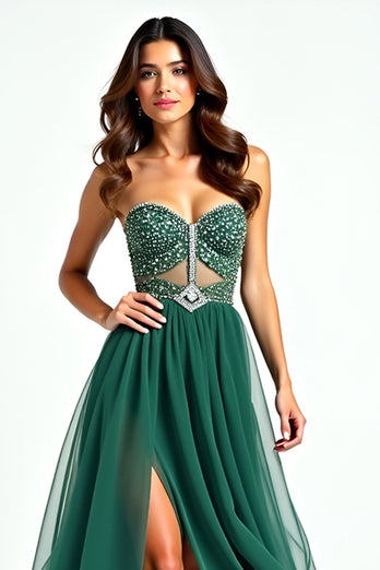 Dark Green Beaded Strapless Tulle Long Prom Dress with Slit