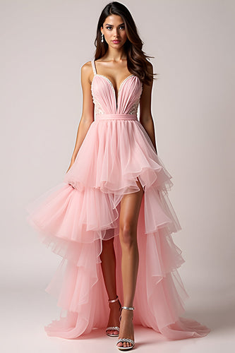 Blush Pink Tulle Beaded Long Asymmetrical Prom Dress with Slit