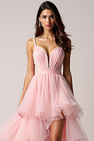 Load image into Gallery viewer, Blush Pink Tulle Beaded Long Asymmetrical Prom Dress with Slit