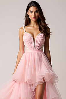 Blush Pink Tulle Beaded Long Asymmetrical Prom Dress with Slit