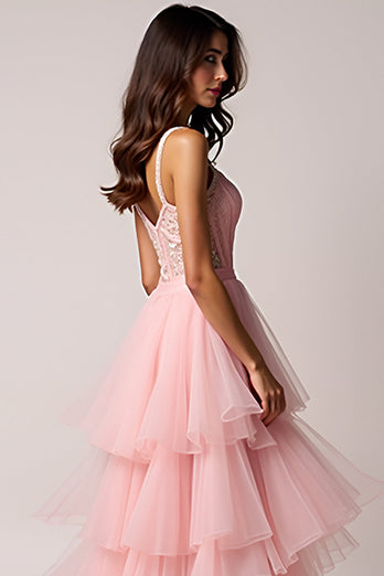 Blush Pink Tulle Beaded Long Asymmetrical Prom Dress with Slit