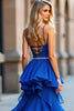 Load image into Gallery viewer, Royal Blue A Line V-Neck Tiered Long Prom Dress with Slit