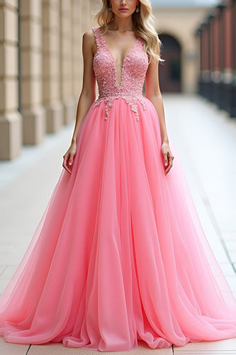 Pink A Line Tulle Ball Gown Long Prom Dress with Lace