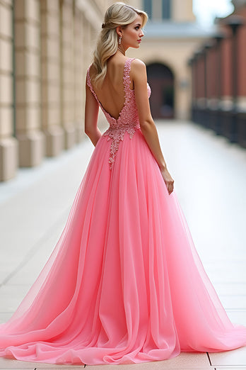 Pink A Line Tulle Ball Gown Long Prom Dress with Lace