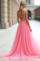Load image into Gallery viewer, Pink A Line Tulle Ball Gown Long Prom Dress with Lace