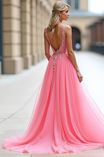 Pink A Line Tulle Ball Gown Long Prom Dress with Lace