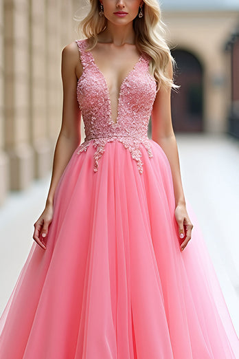 Pink A Line Tulle Ball Gown Long Prom Dress with Lace