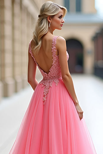 Pink A Line Tulle Ball Gown Long Prom Dress with Lace
