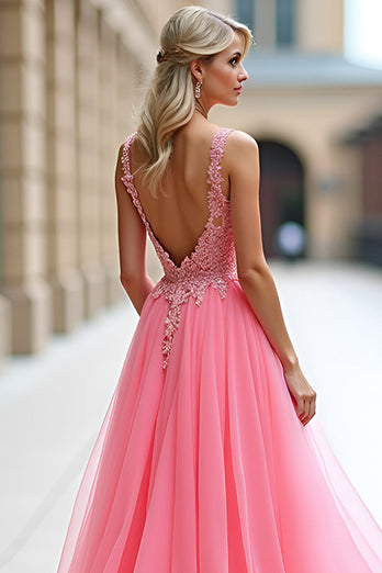 Pink A Line Tulle Ball Gown Long Prom Dress with Lace