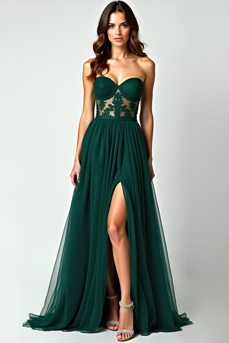 Load image into Gallery viewer, Dark Green A Line Strapless Long Prom Dress with Slit
