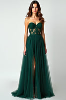 Load image into Gallery viewer, Dark Green A Line Strapless Long Prom Dress with Slit