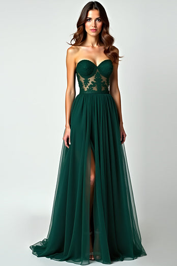 Dark Green A Line Strapless Long Prom Dress with Slit
