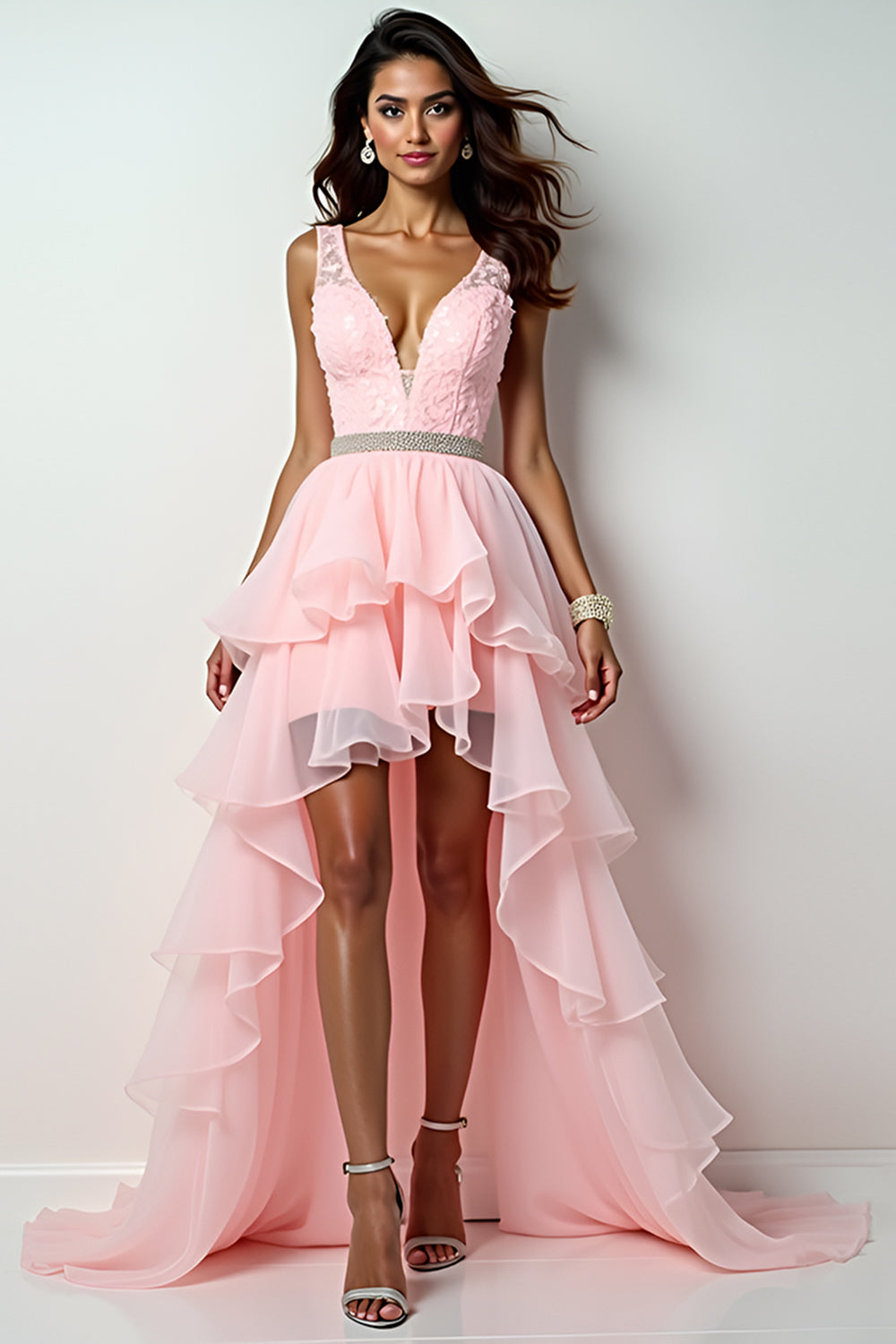Blush Pink Sweep Train Long Prom Dress with Ruffles