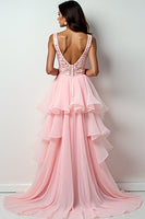 Load image into Gallery viewer, Blush Pink Sweep Train Long Prom Dress with Ruffles