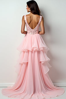 Blush Pink Sweep Train Long Prom Dress with Ruffles