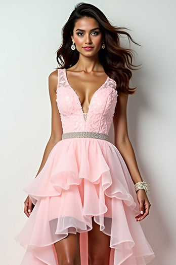Blush Pink Sweep Train Long Prom Dress with Ruffles
