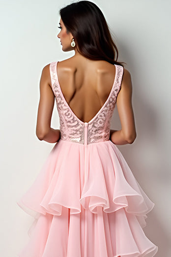 Blush Pink Sweep Train Long Prom Dress with Ruffles