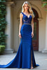 Load image into Gallery viewer, Royal Blue Mermaid V-Neck Long Beaded Prom Dress with Lace