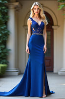 Load image into Gallery viewer, Royal Blue Mermaid V-Neck Long Beaded Prom Dress with Lace