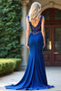 Load image into Gallery viewer, Royal Blue Mermaid V-Neck Long Beaded Prom Dress with Lace