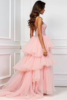 Blush Pink Appliques Sweep Train Long Prom Dress with Slit