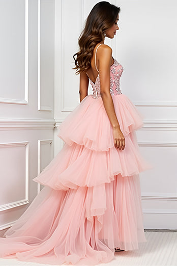 Blush Pink Appliques Sweep Train Long Prom Dress with Slit