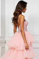 Load image into Gallery viewer, Blush Pink Appliques Sweep Train Long Prom Dress with Slit