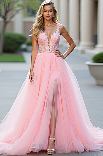 Blush Pink Long Tulle Ball Gown Prom Dress with Slit